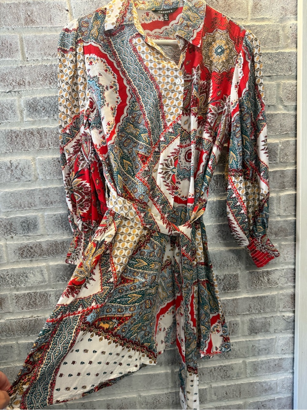 Cassee’s Boho Chic Button-Front Wrap Dress - Red, Teal & Cream